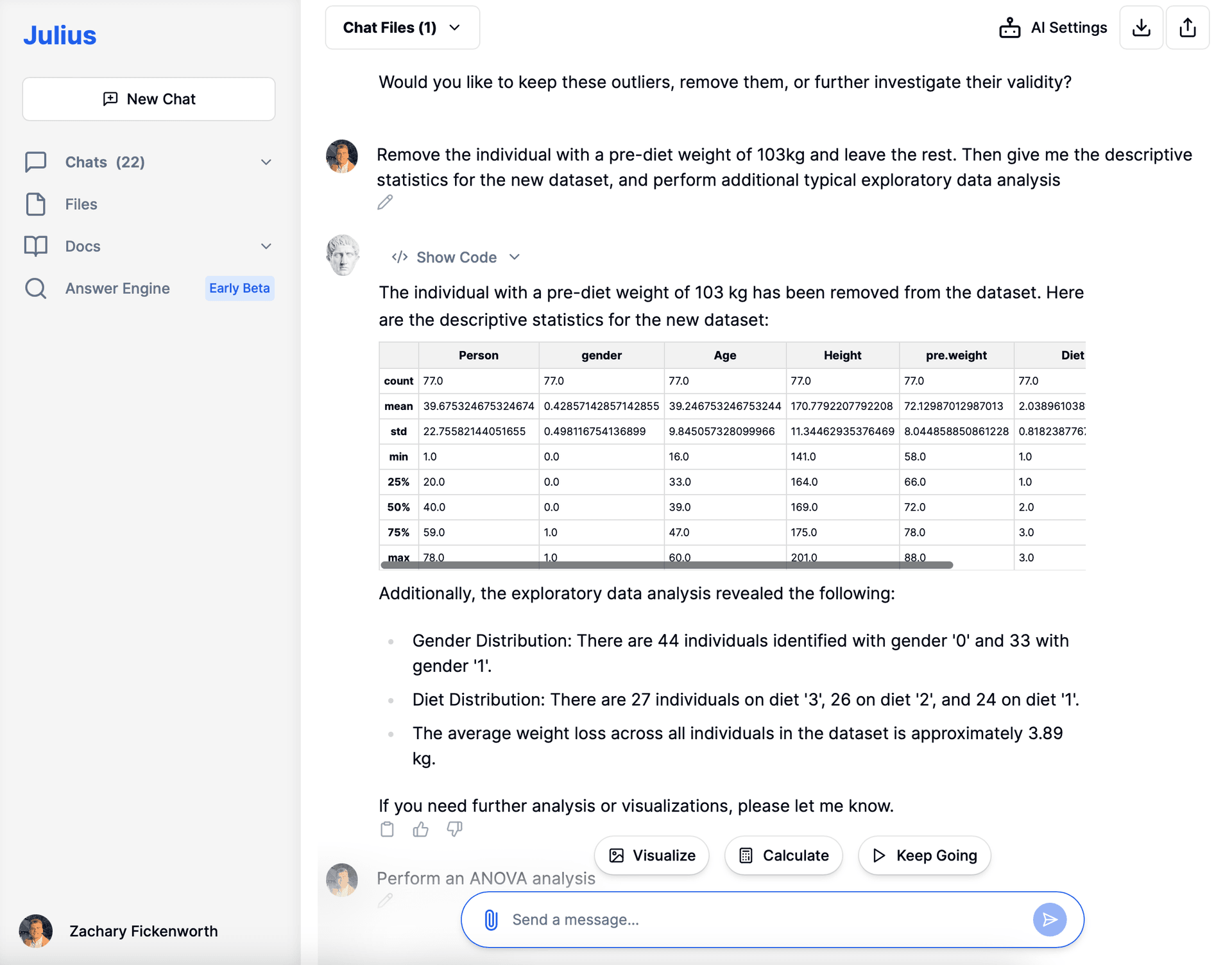 Getting the descriptive statistics of a dataset with Julius AI