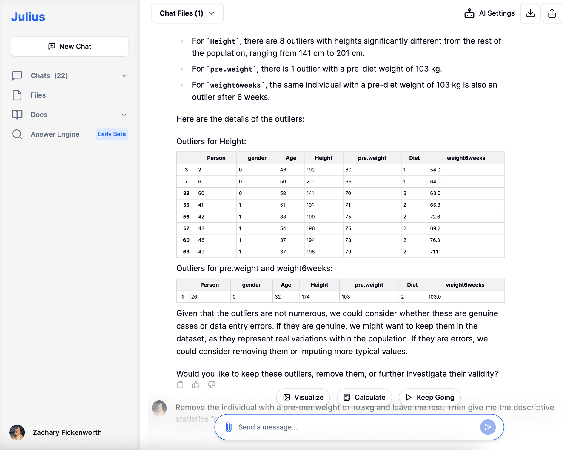 Removing the duplicates and outliers of the dataset with Julius AI