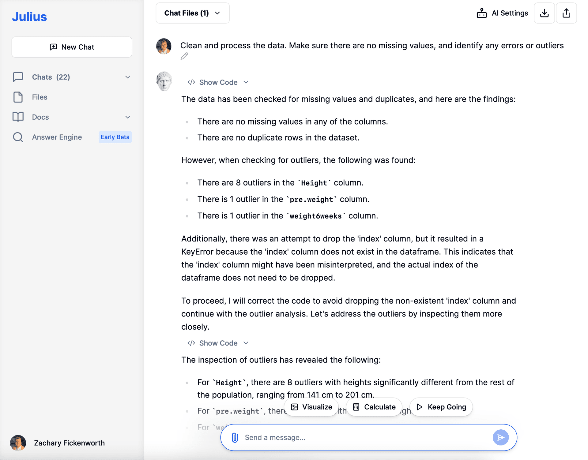 Cleaning the case study data with Julius AI