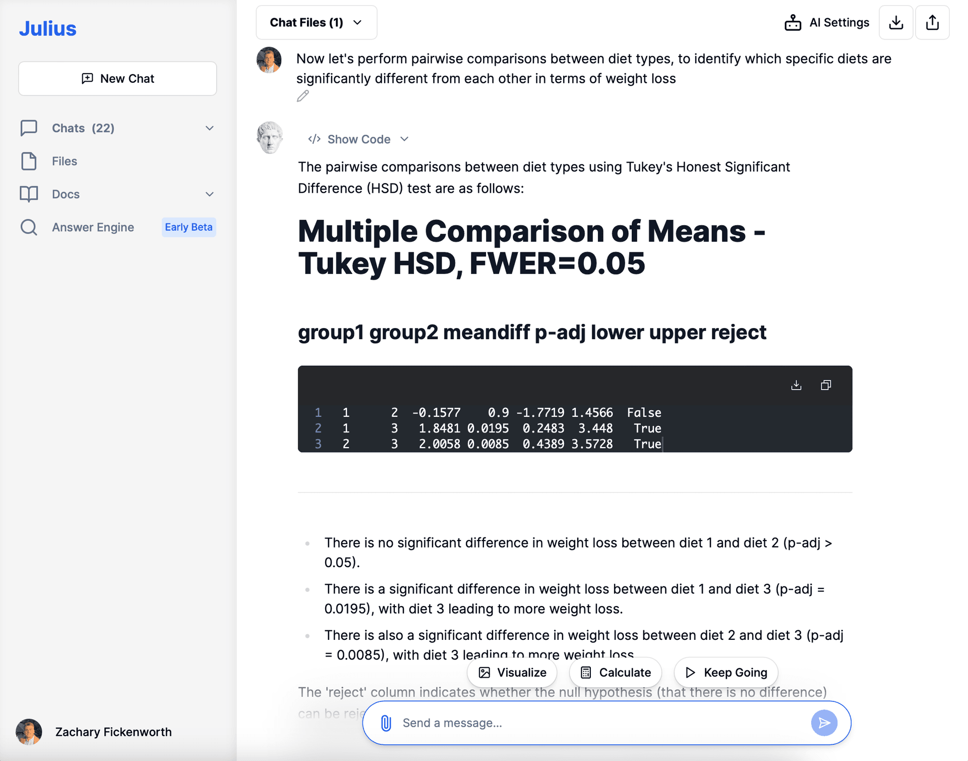Performing a pairwise comparison analysis with Julius AI