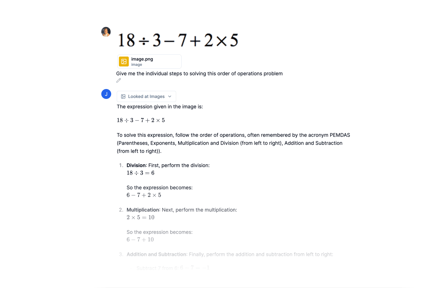 Explicación del orden de operaciones de un problema de álgebra.