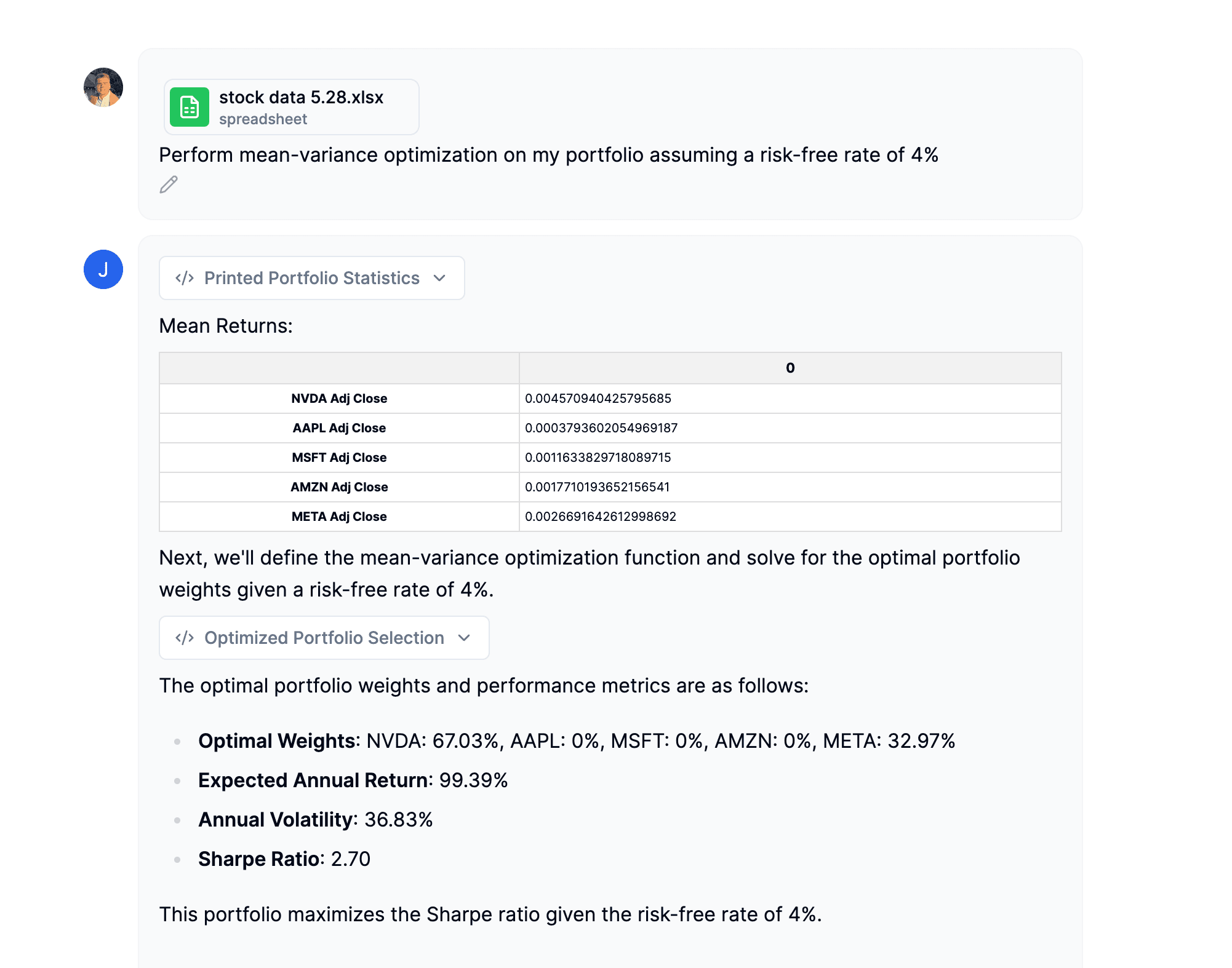 Herramienta IA realizando optimización media-varianza en un portafolio.