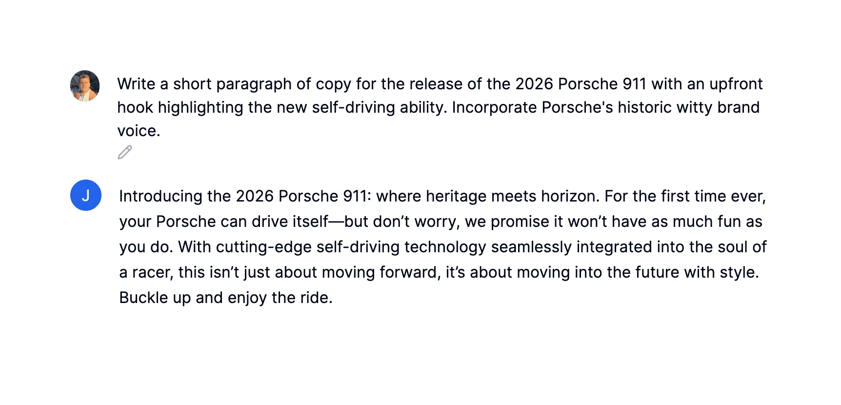 Chatbot de IA componiendo texto publicitario sobre el Porsche 911.