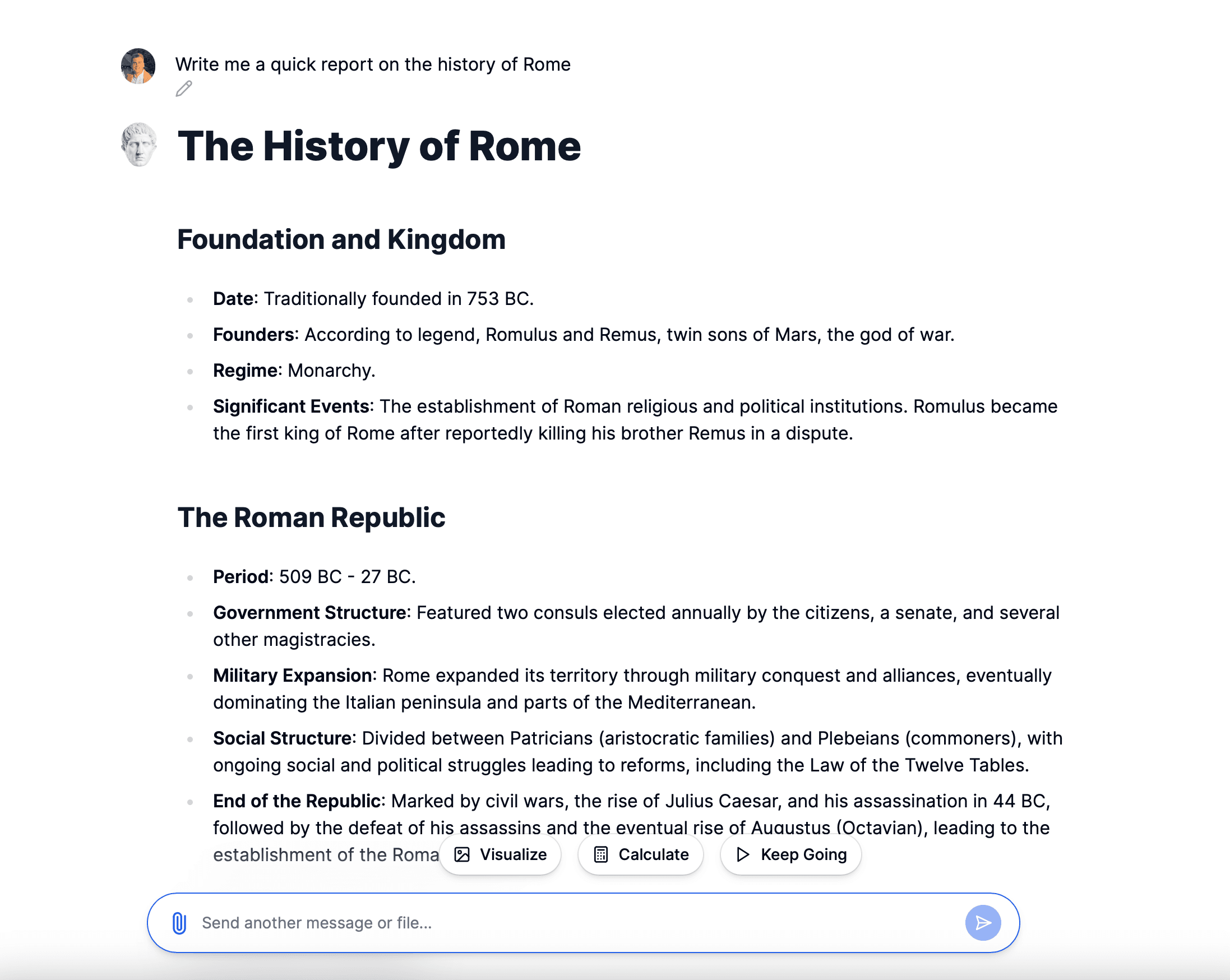 Informe generado por IA sobre la historia de Roma.