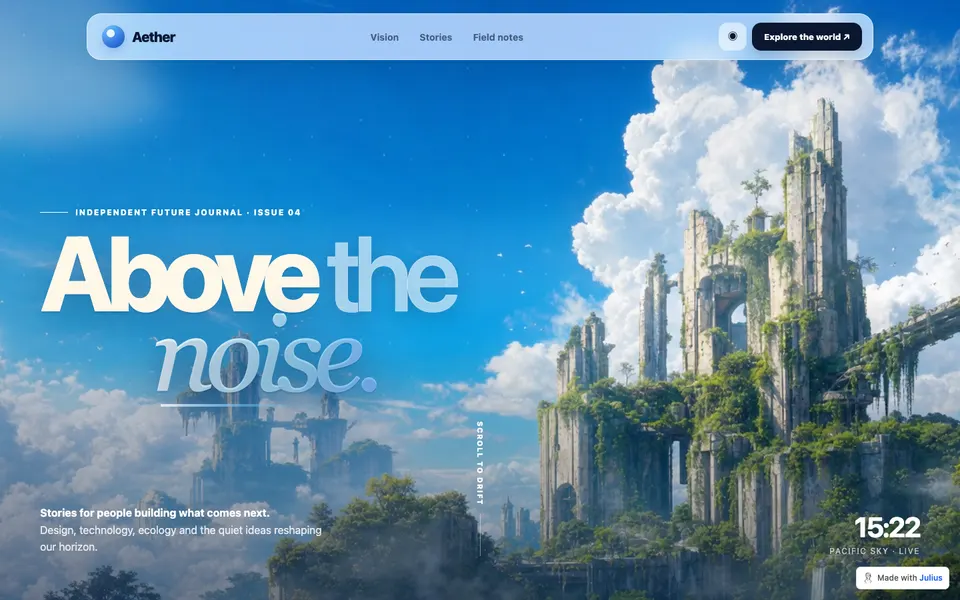 Aether journal concept with a blue-sky landscape and Above the noise headline