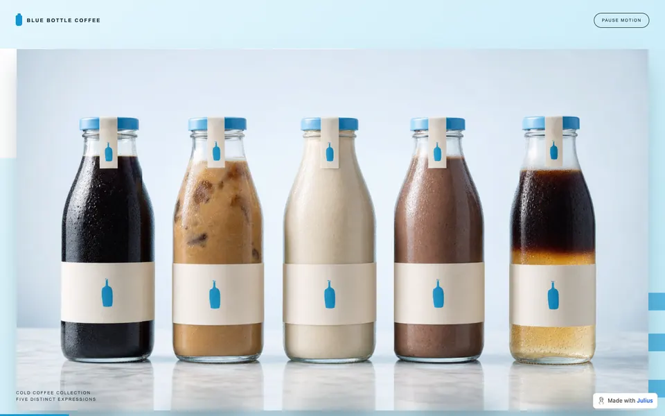 Blue Bottle coffee design study showing five bottled drinks against a pale blue background