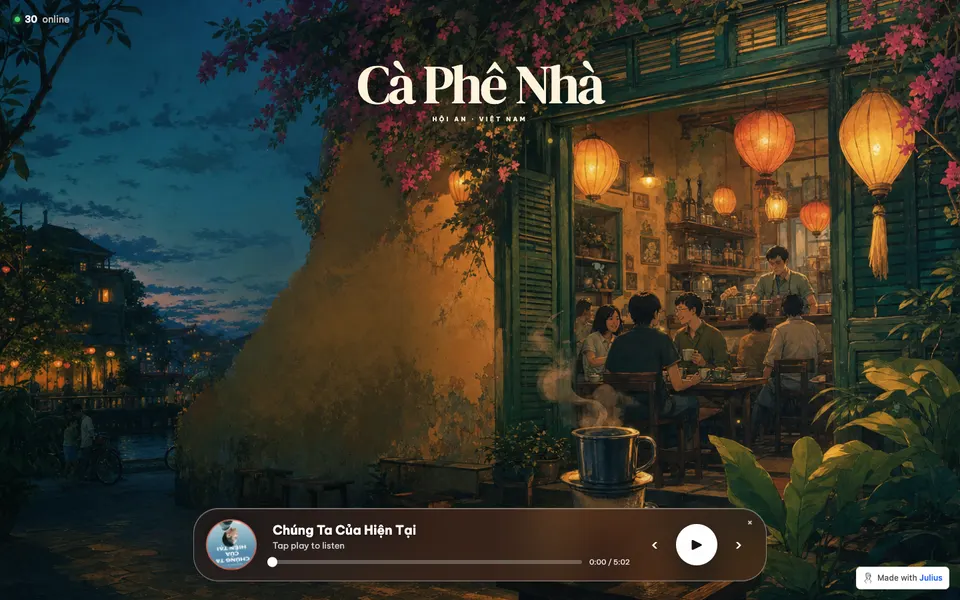 Cà Phê Nhà café concept with warm lanterns and an illustrated evening street