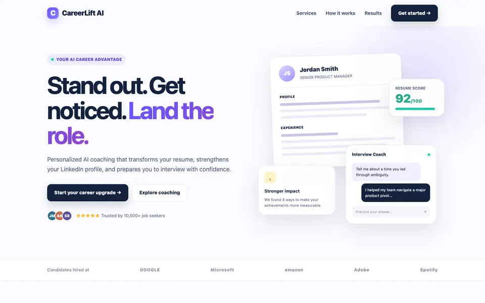 CareerLift coaching concept with a purple headline beside resume and interview illustrations