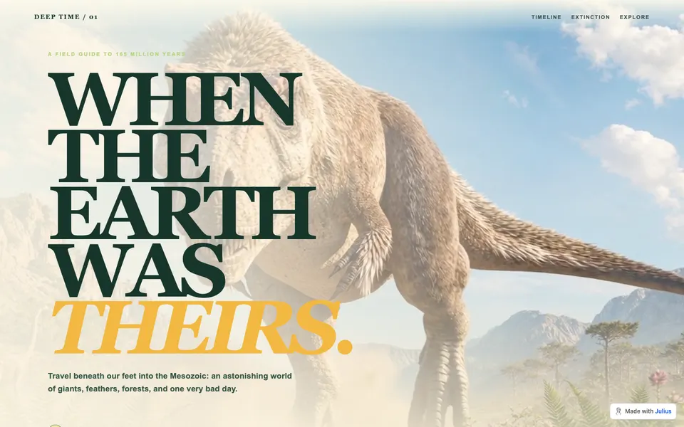 Deep Time dinosaur guide with a prehistoric landscape and When the Earth was theirs headline