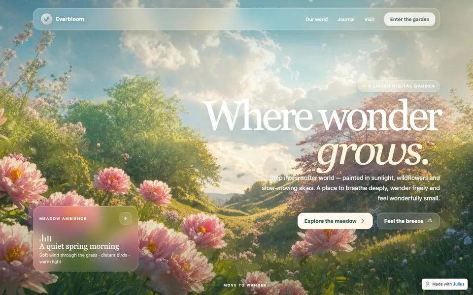Everbloom garden concept with a sunlit meadow and Where wonder grows headline