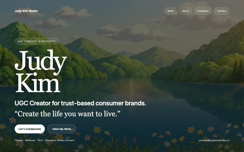 Judy Kim’s creator-service page with an illustrated landscape and a collaboration CTA