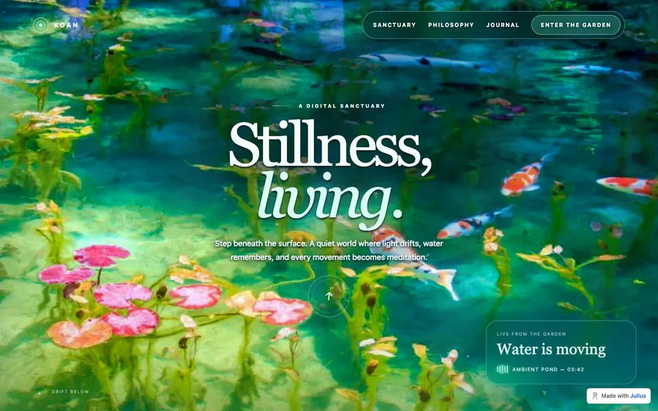 KOAN sanctuary concept with koi in a green pond and Stillness living headline