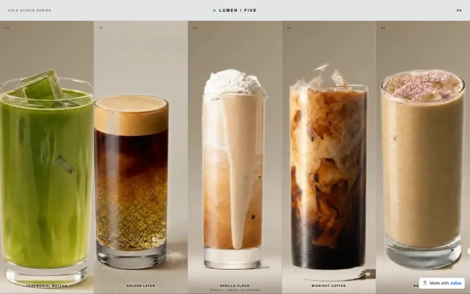 Lumen Five product concept with five tall drinks displayed side by side