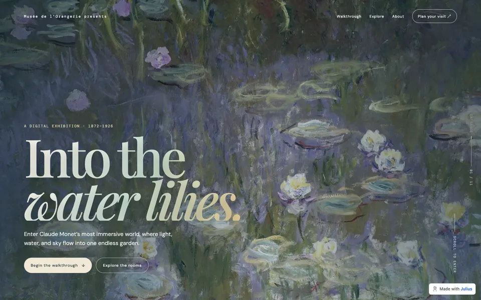 Monet exhibition concept with water-lily artwork and an invitation to begin the walkthrough