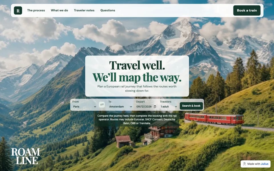 Roamline rail-travel concept with an Alpine landscape and a journey search action