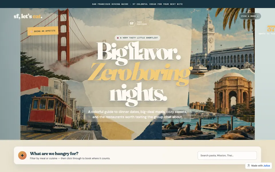SF, Let’s Eat food guide with a San Francisco collage and Big flavor. Zero boring nights headline