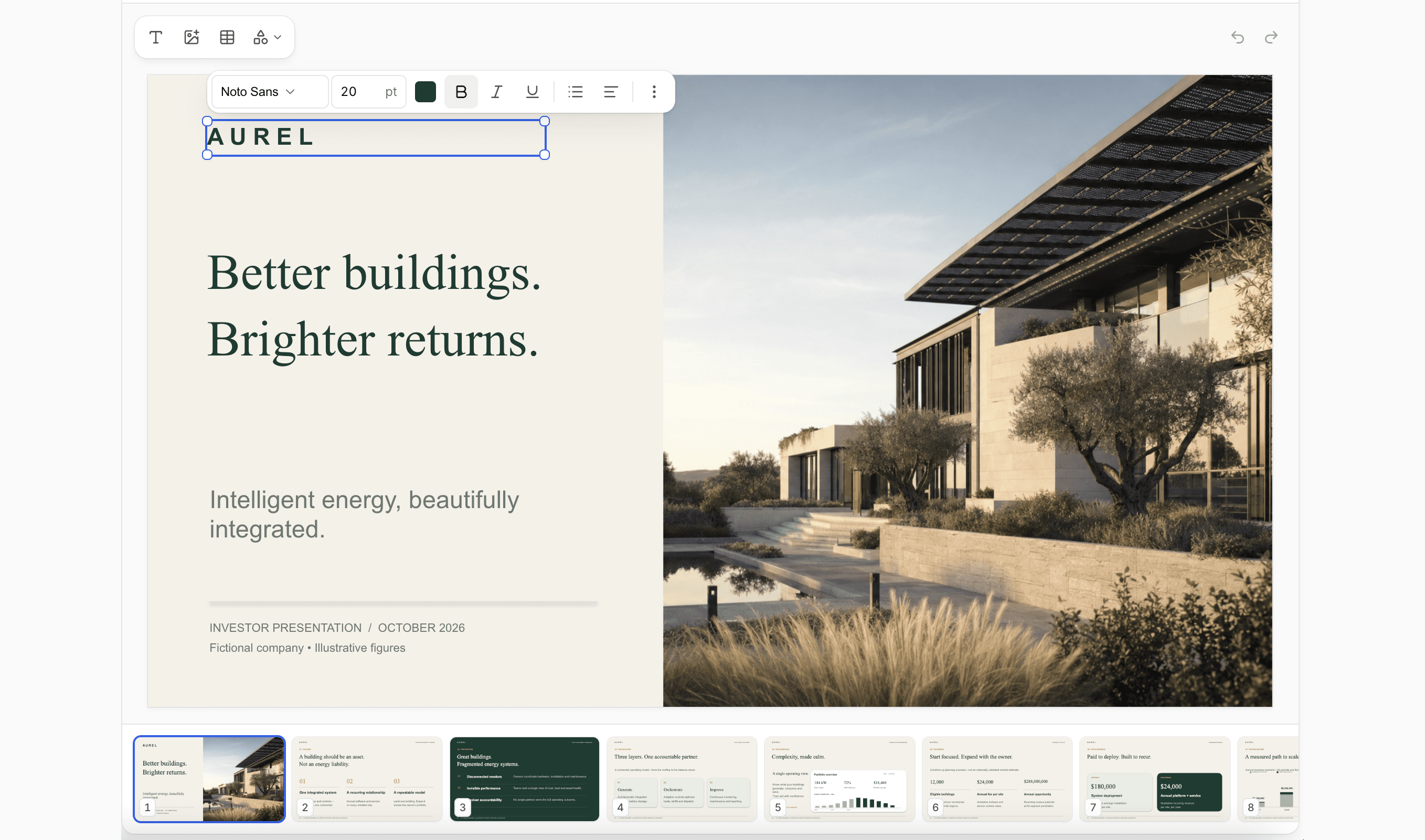 Editing a PowerPoint slide in Julius AI with text formatting tools and slide thumbnails