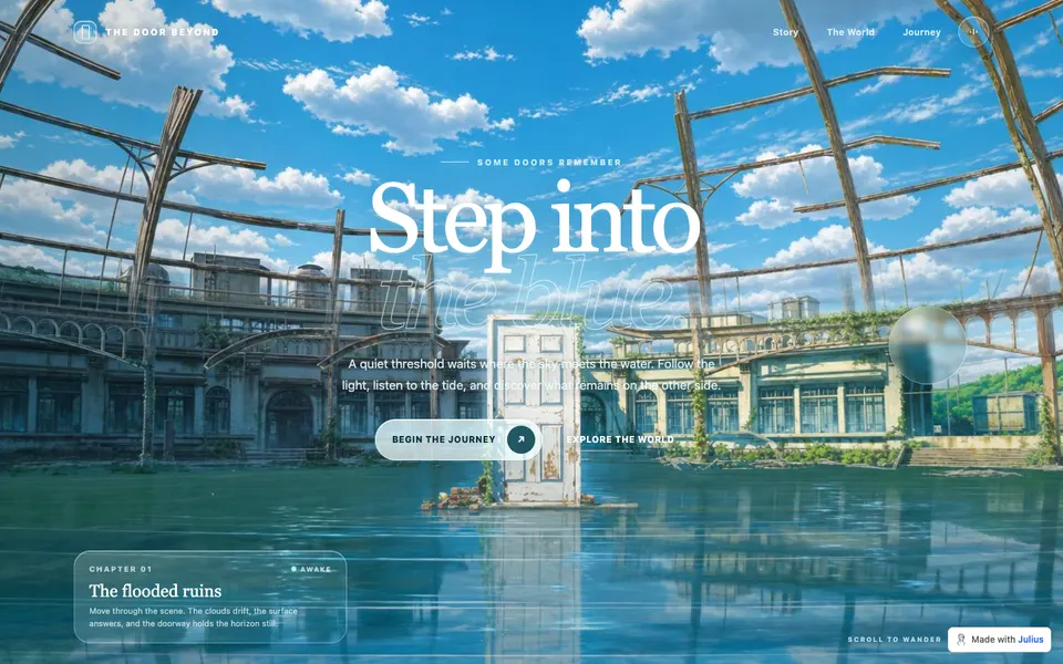 The Door Beyond story concept with a flooded station, blue sky and a journey CTA
