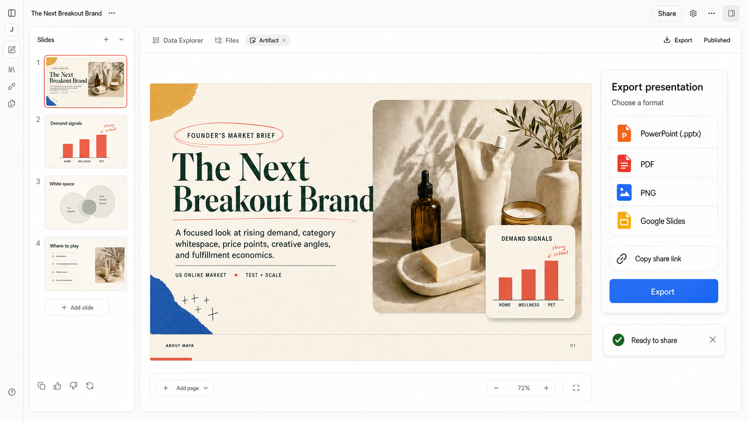 Exporting and sharing a presentation created in Julius AI