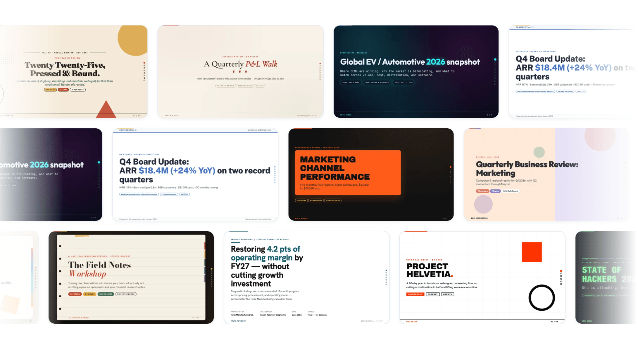 A gallery of presentation designs available in Julius